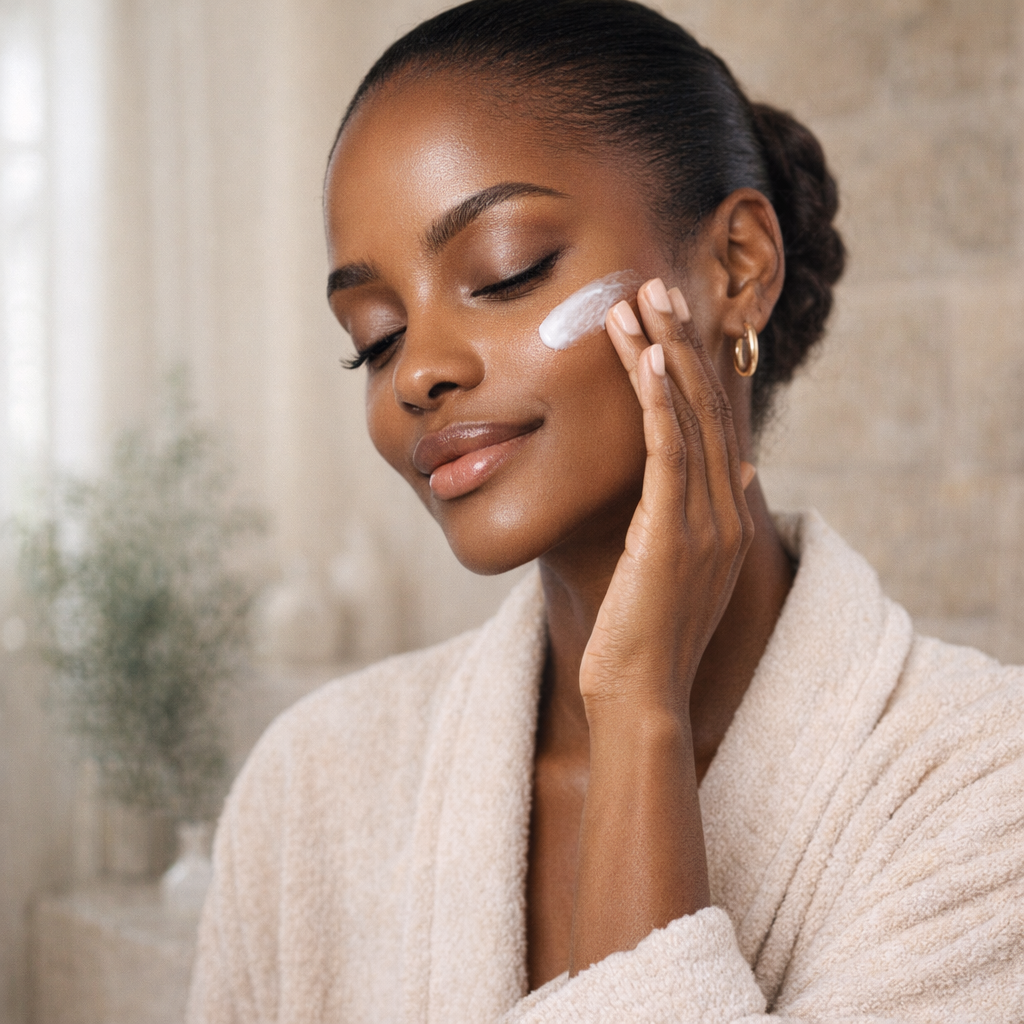 Woman gently applying moisturizer in a serene skincare ritual